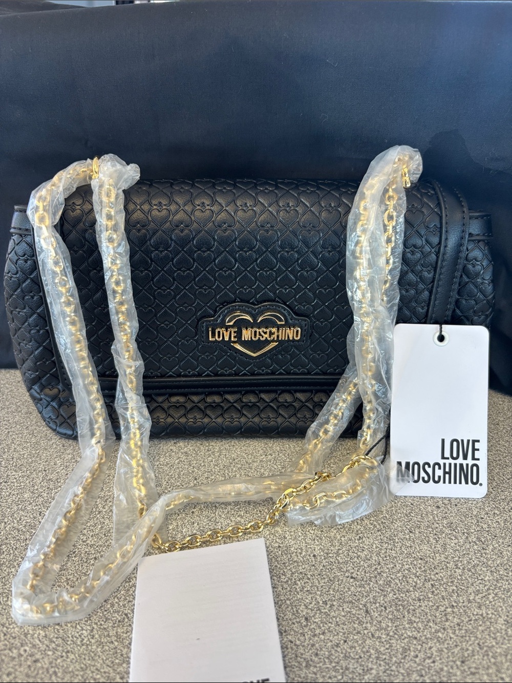 Love Moschino Black Quilted Heart-Logo Shoulder Bag with Gold Chain